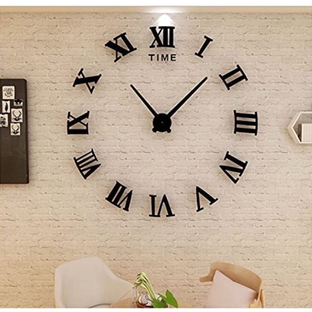 3D Acrylic Digital Wall Clock Roman Numerals Design Mirror Clock Fashion BLACK